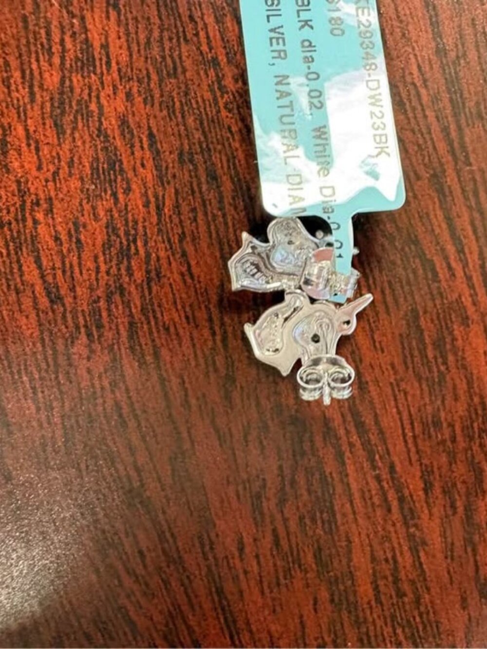 Sterling Silver Unicorn Stud Earrings with Black and White Diamonds - Picture 3 of 5
